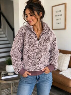 Express Sherpa Teddy Faux Fur Quarter Zip Pullover Sweater Mauve S